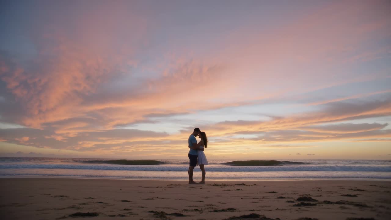 Pôr do sol cintilante, homem e mulher se abraçando e beijando na costa, ondas recuando e céu escurecendo para viagem.