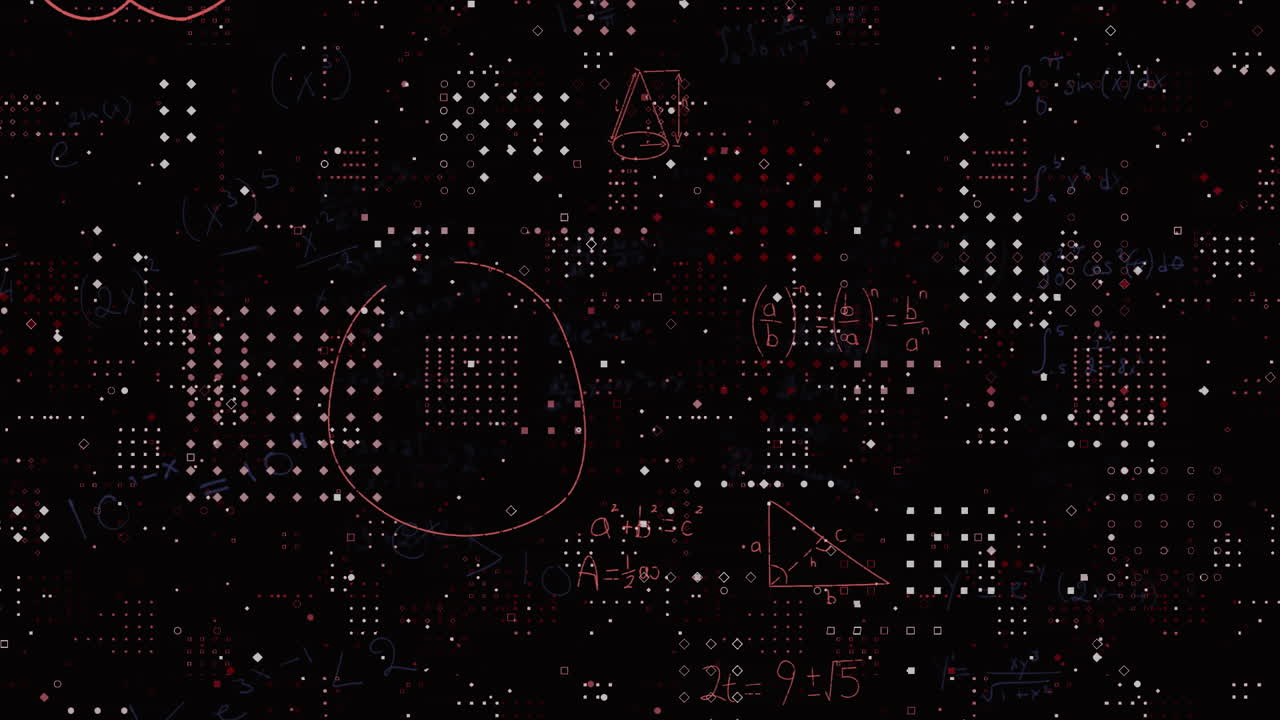 Animation of mathematical symbols and geometric shapes over digital pattern background
