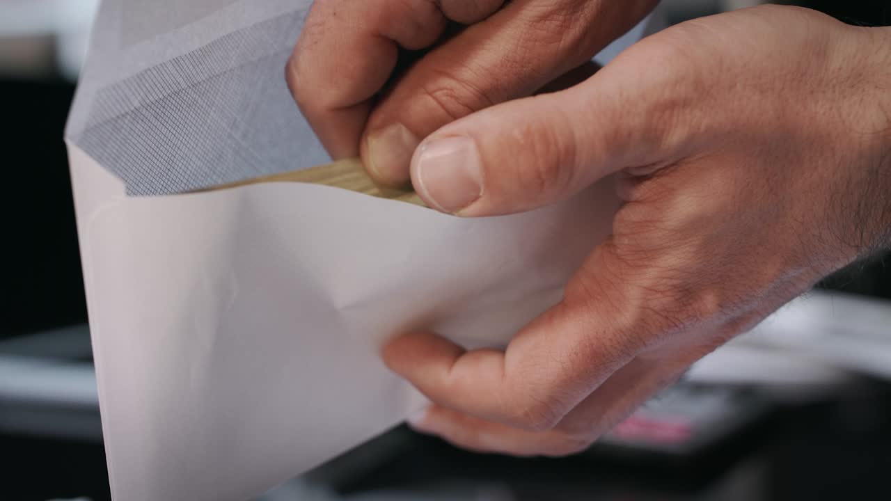 Man holding envelope with dollar banknotes. Bribery and corruption concept