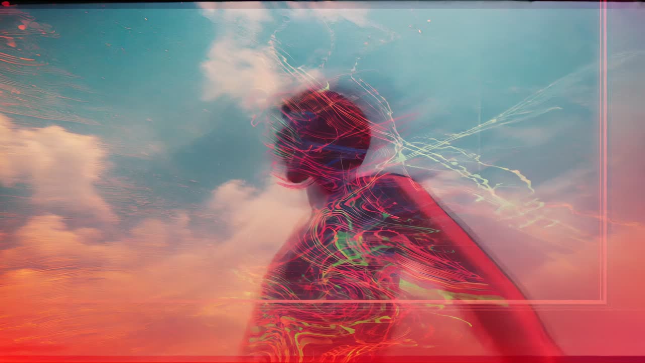 Shirtless man turning in sea sunset, overlay activating, casting chest veins, letterbox for film