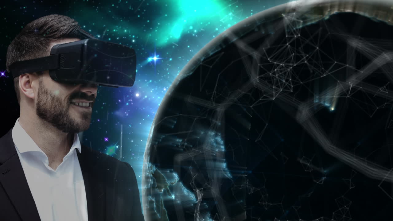 Wearing VR headset, man exploring digital Earth with network connections and glowing lights