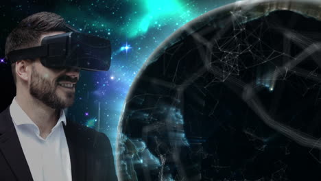 wearing vr headset, man exploring digital earth with network connections and glowing lights