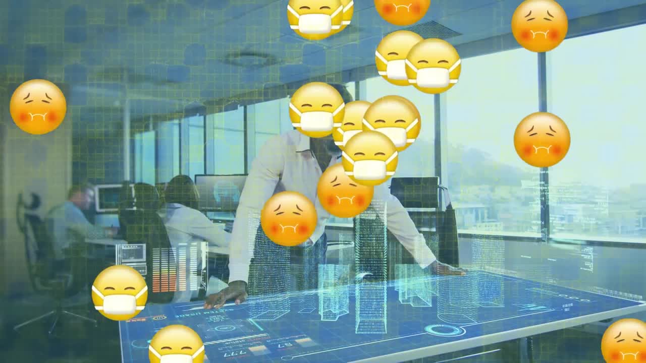 Animation of sick emojis and data processing over man in vr headset in office