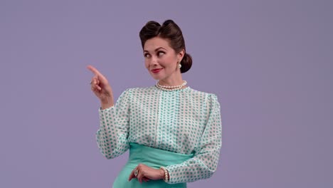 elegant woman in vintage attire pointing to the side