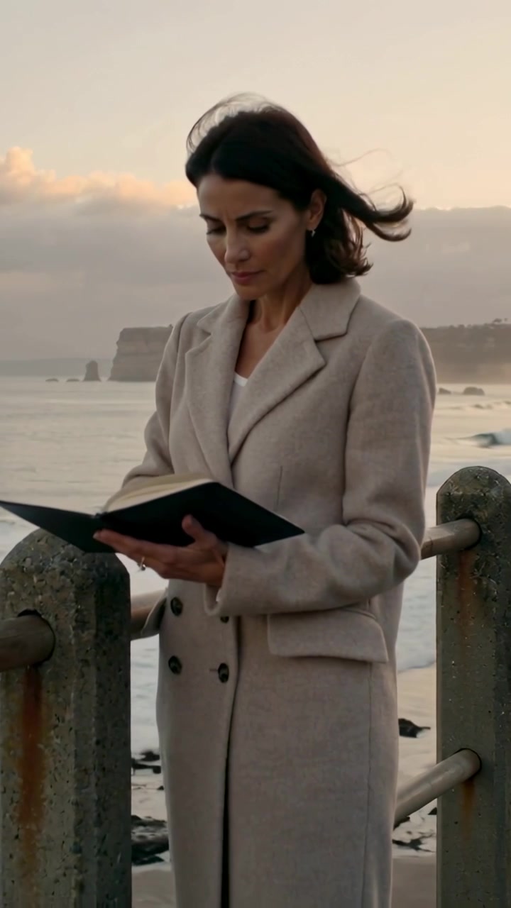 Video verticale: Donna in cappotto beige che legge, sfogliando le pagine di un libro rilegato nero su un molo mentre il sole tramonta.