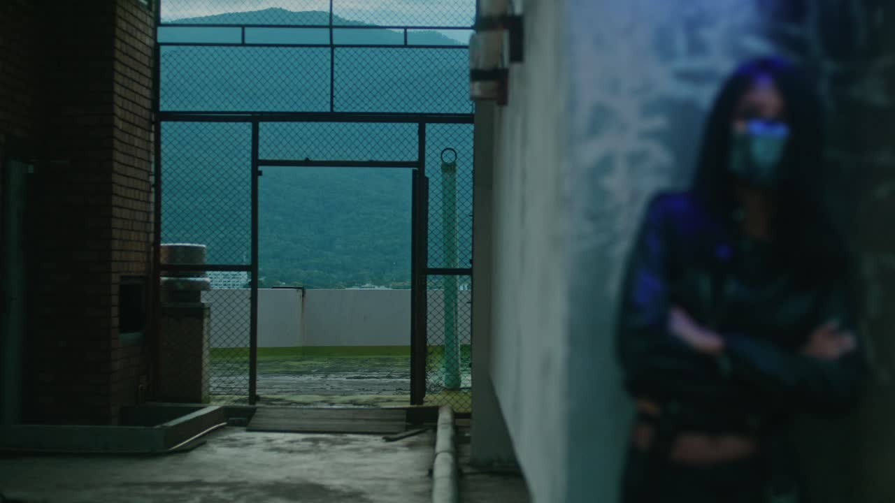 Woman in Mask, Urban Rooftop Scene