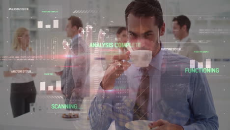 business people in office with data analysis and scanning animation overlay