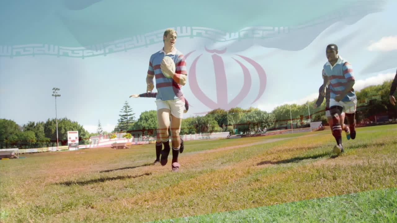 Running on field, rugby players with animation overlay in background