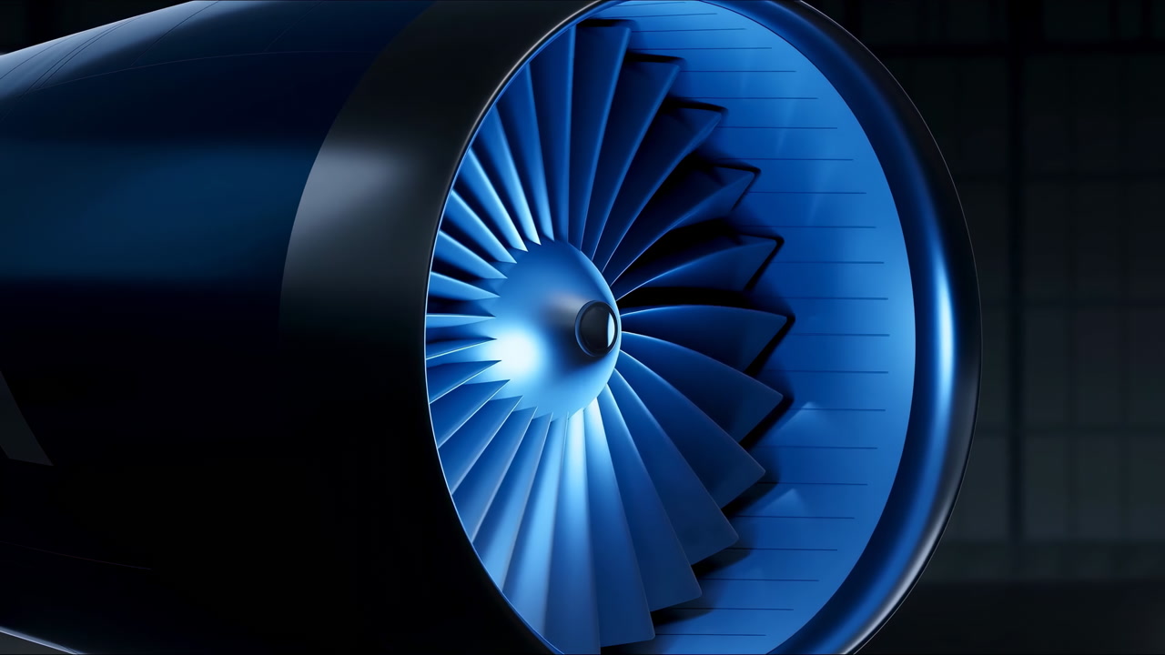 Closeup Blue Jet Engine Fan Spinning In Dim Hangar Showcasing Turbine Blades, Metallic Casing, Subtle LED