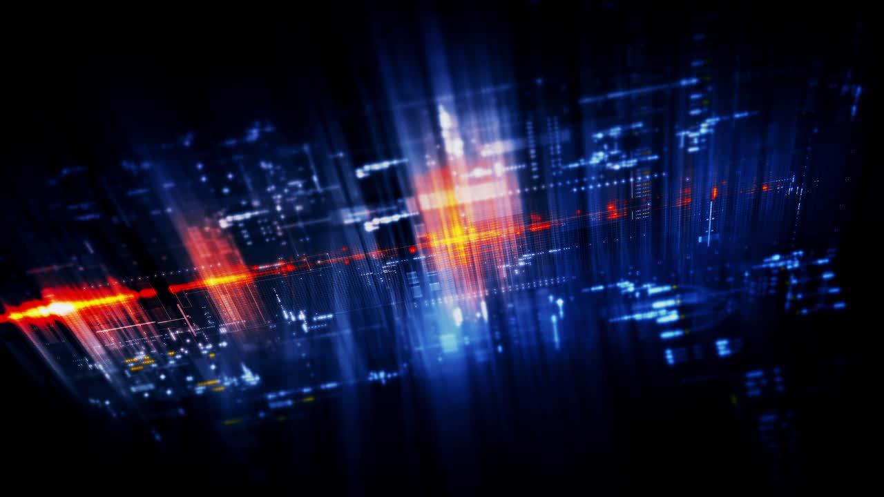 Futuristic data matrix simulation featuring metaverse-inspired elements, an information network, and hi-tech digital data telemetry with encrypted numbers. A dynamic background for computer display