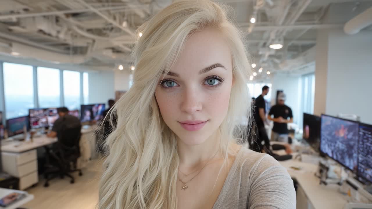 Ritratto di una Giovane Donna con Capelli Biondi in un Ambiente d'Ufficio, Circondata da Colleghi che Lavorano al Computer con Tecnologia Moderna e Illuminazione Brillante