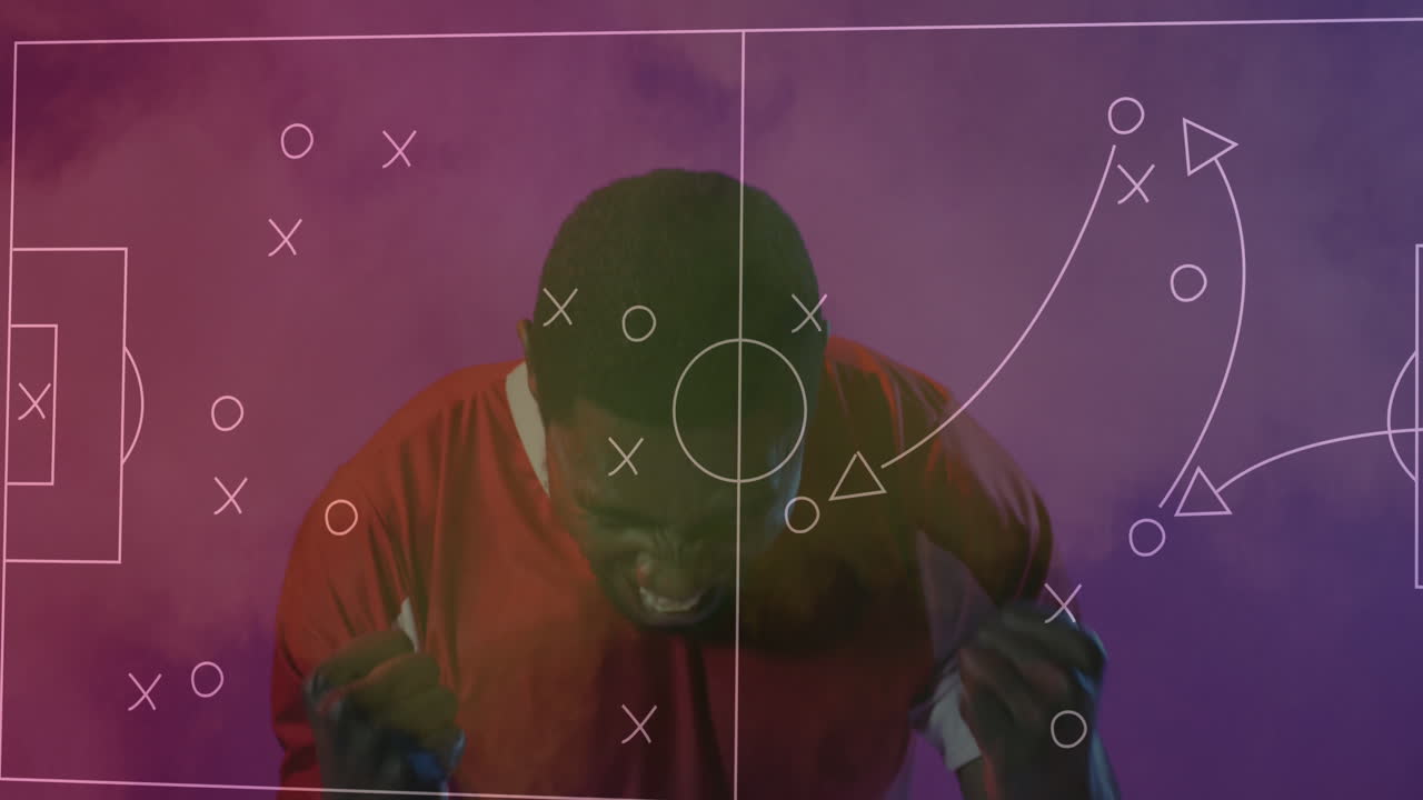 Animation of football game tactical diagram over cheering african american male football fan