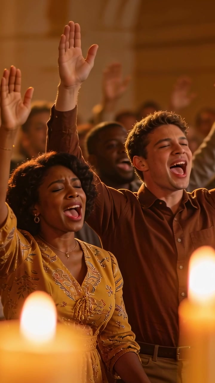 Vertical video: Singing couple lifting hands in church with service starting, yellow dress, candles