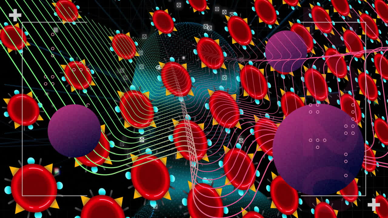 Animation of red blood cells flowing with abstract lines in digital network