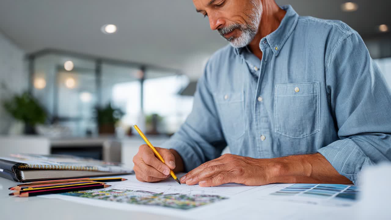 Focused Artist Refining Designs with a Pencil, Engaged in Creative Process of Sketching and Planning, Surrounded by Colorful Pencils and Printouts in a Bright Modern Workspace