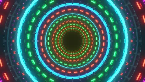 motion graphics sci fi: colorful neon block lights form round circles rotating and expanding from dark black center hole in outer space