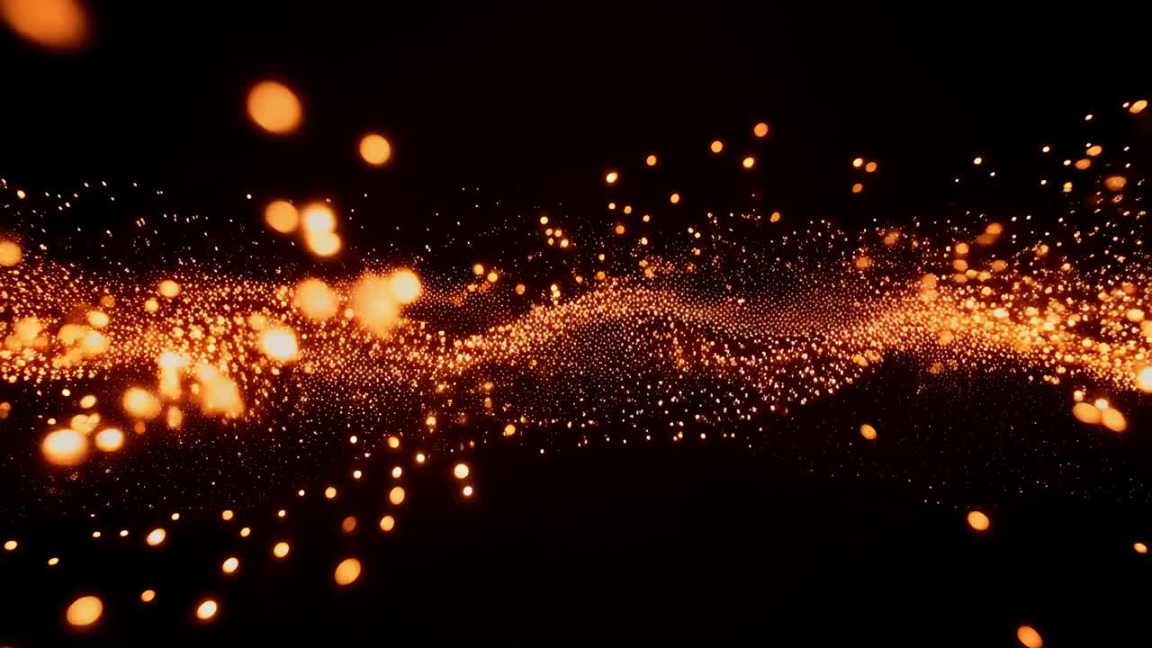 Gliding ribbon of glowing orange orbs moving with camera advancing in dark void, revealing texture