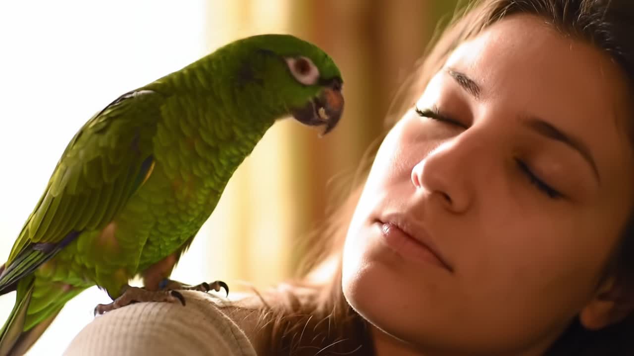 A green parrot sits comfortably on a woman's shoulder as she relaxes with her eyes closed. The warm lighting creates a peaceful atmosphere in the room, highlighting their bond.