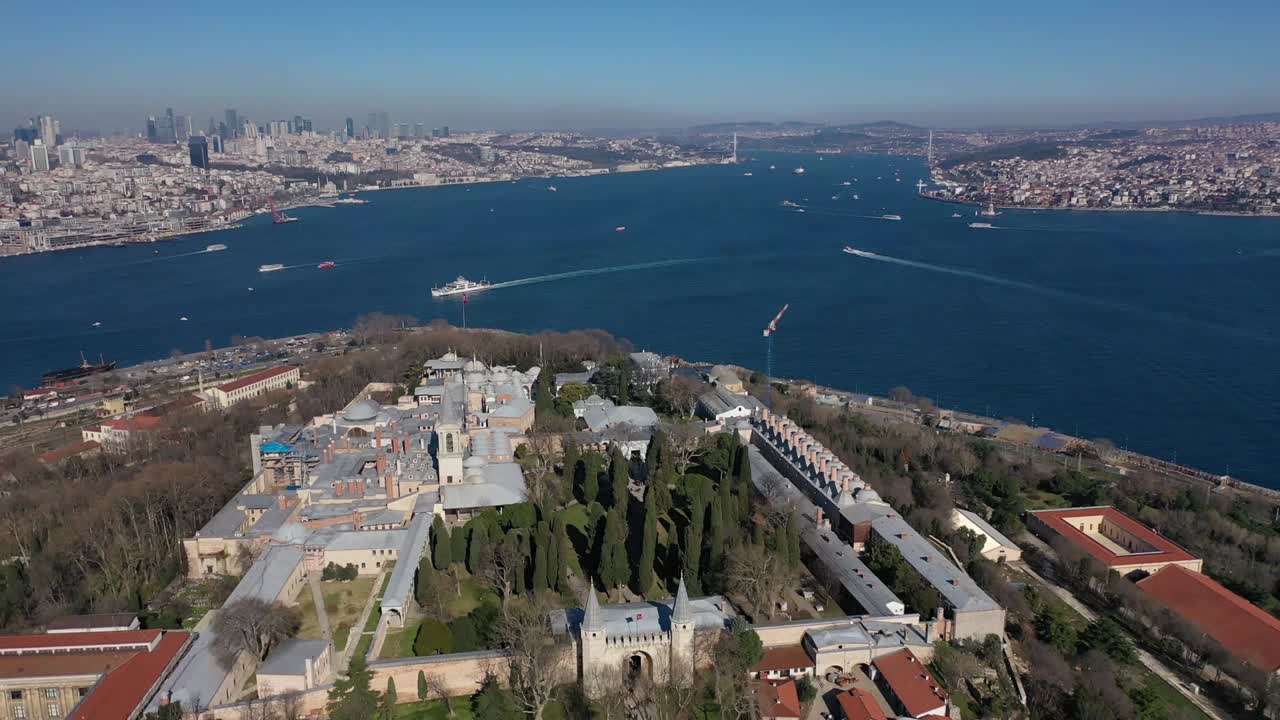 Aerial footage of Topkapi Palace, Istanbul on a sunny day with view of Bosphorus stock video Europe, Istanbul, Topkapi Palace, Turkey - Middle East, 4K Resolution