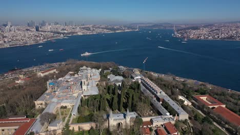 aerial footage of topkapi palace, istanbul on a sunny day with view of bosphorus stock video europe, istanbul, topkapi palace, turkey - middle east, 4k resolution