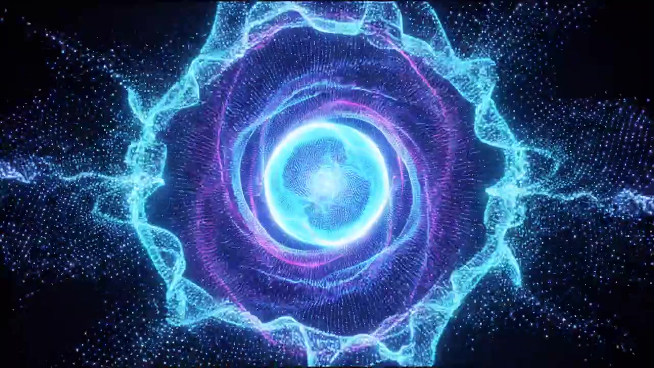 Onde astratte di particelle circolari luminose che creano un'animazione di un tunnel di energia digitale su sfondo scuro.