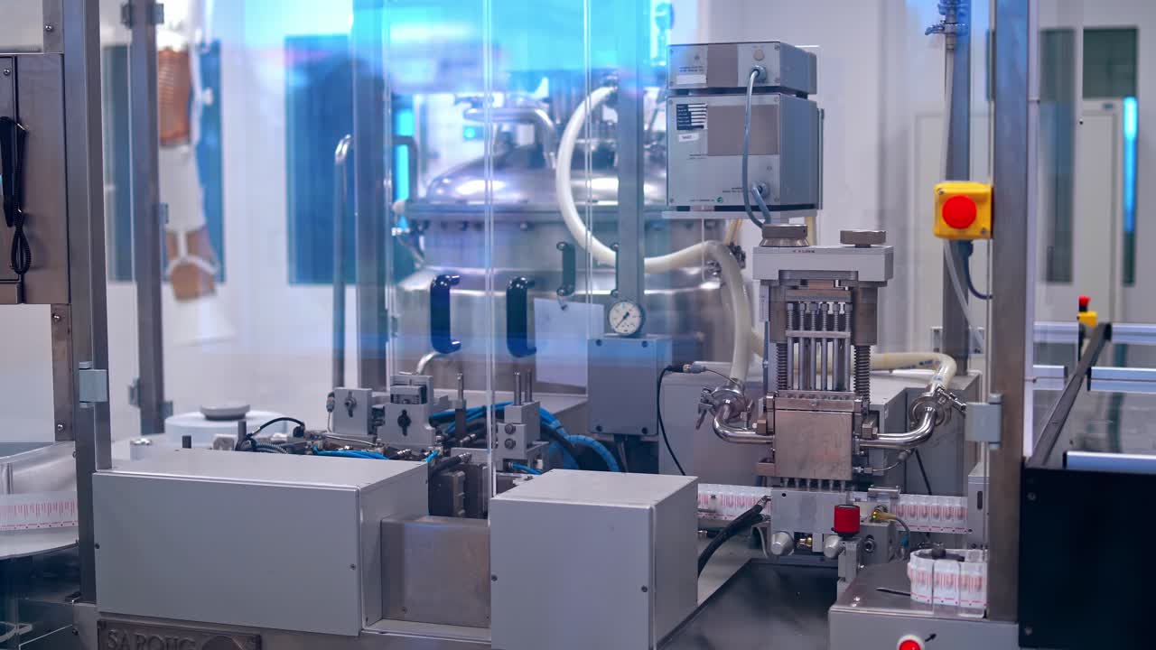 Manufacture of tablets indoors. Modern automatic pharmaceutical equipment. Pharmacy industry.