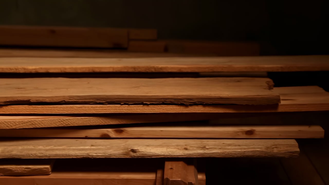 Stacked Wooden Planks Dim Warm Light Closeup Of Rough Grain And Weathered Edges On Stacked Boards In Sawmill