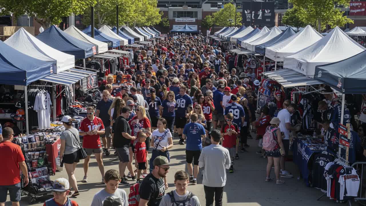 A Vibrant Crowd at a Marketplace: People Browse Merchandise Under Canopies, Emphasizing the Energy and Excitement of a Major Event