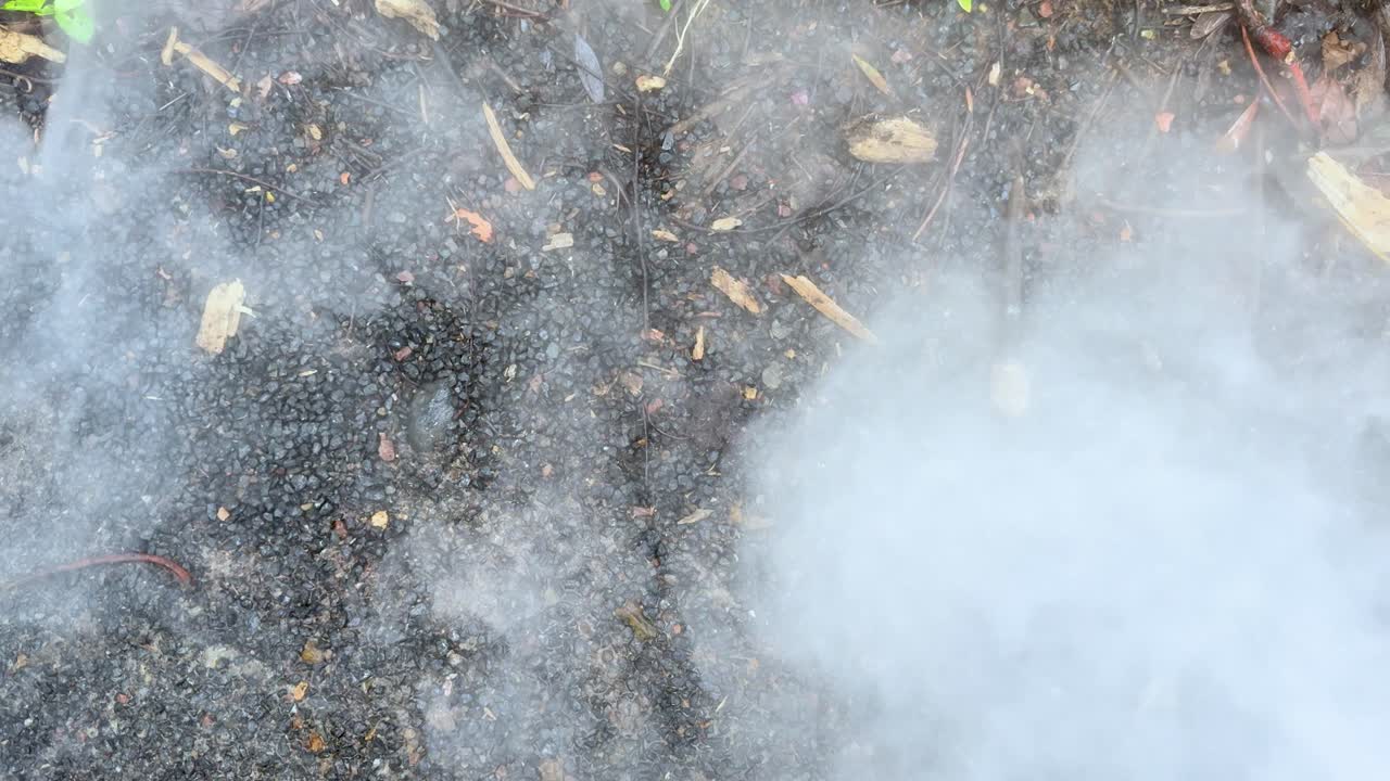Dense white smoke or fog billows upward over dark soil and stones in natural daylight