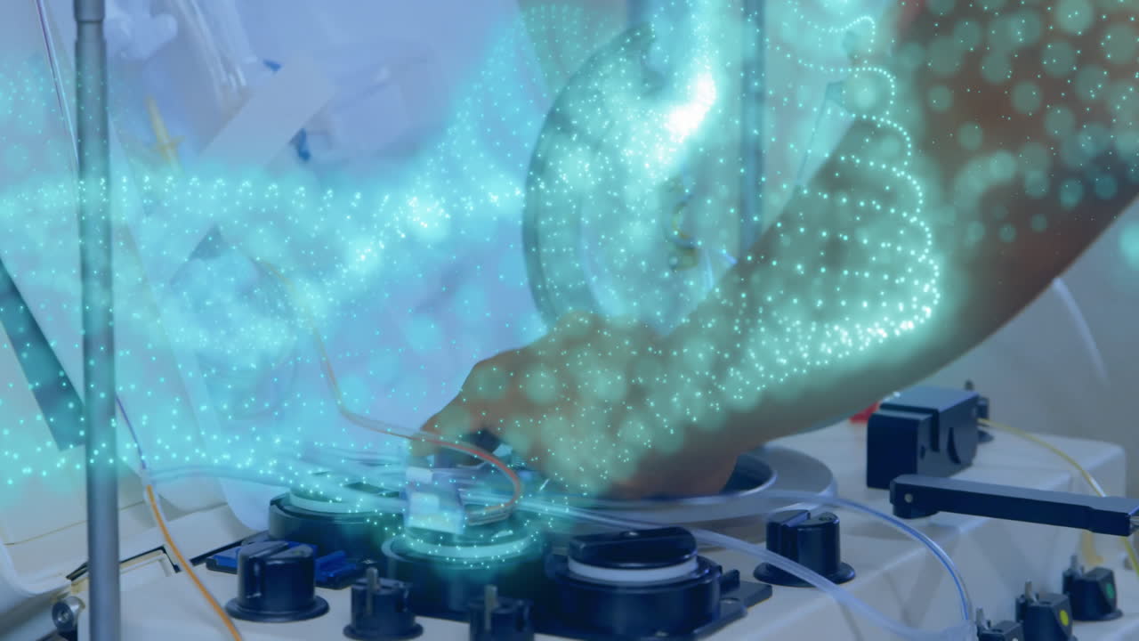 Medical technician hand adjusting machine knobs in 3D render while projecting glowing AR data