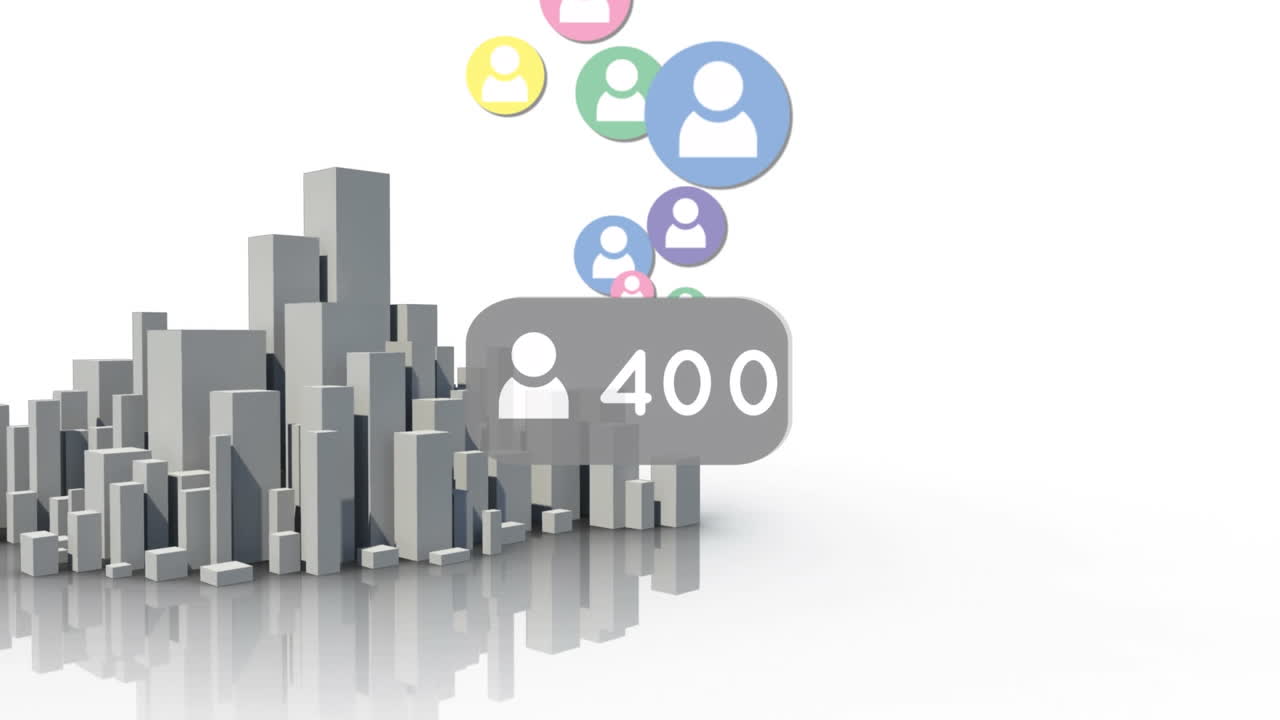 animación de los iconos de las personas de las redes sociales sobre el paisaje urbano