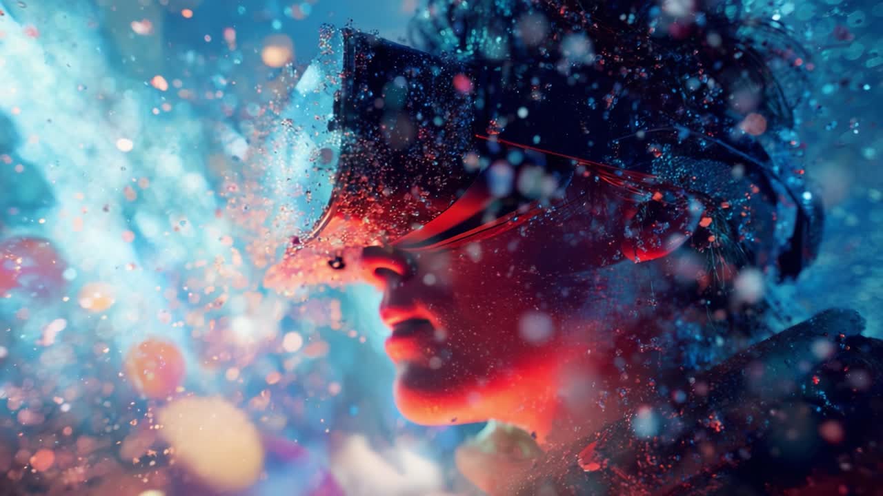 Immersive Virtual Reality Experience: A Close-Up of a User Engaged in a Captivating Digital Environment Surrounded by Vibrant Light and Colorful Reflections