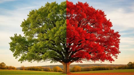 a stunning contrast of seasons: one majestic tree displaying vibrant green foliage on one side and brilliant red leaves on the other, captivating nature's duality
