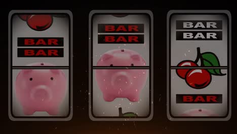 animation of white confetti over rotating fruit machine, stopping on three of a kind