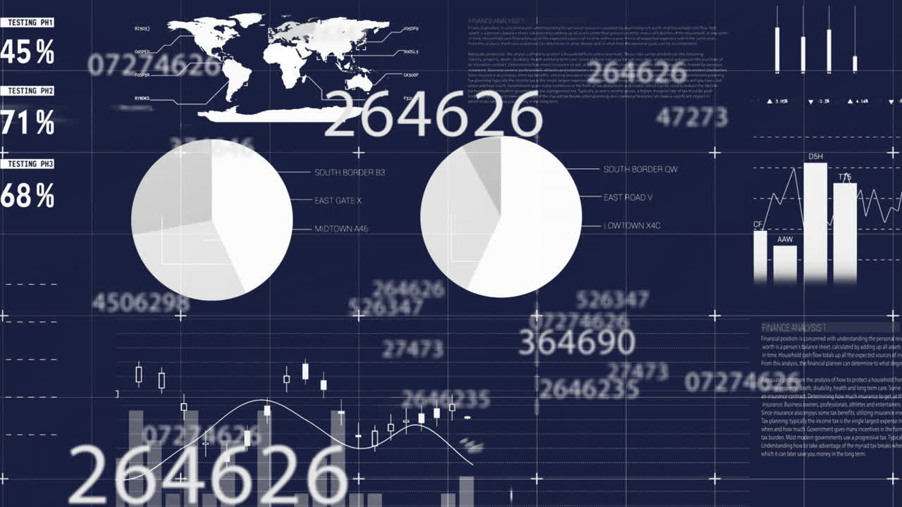 Animation of statistics and financial data processing on dark background