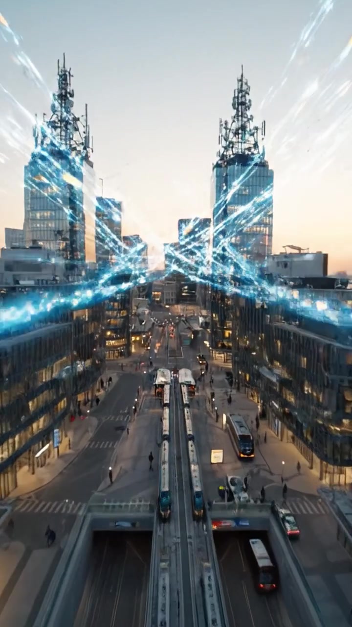 Paisagem Urbana: Reflexo Dinâmico da Arquitetura Moderna em um Cenário Urbano com Edifícios Elegantes e Transporte Futurista ao Entardecer.