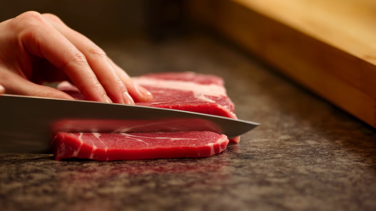 Closeup Hands Slicing Raw Steak Chef Preparing Beef On Stone Counter Beside Wooden Cutting Board Warm Moody