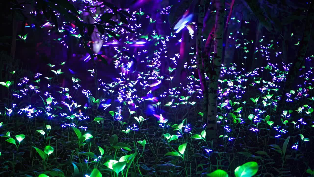 Una scena video ipnotica di piante blu e verdi fluorescenti in una foresta di notte