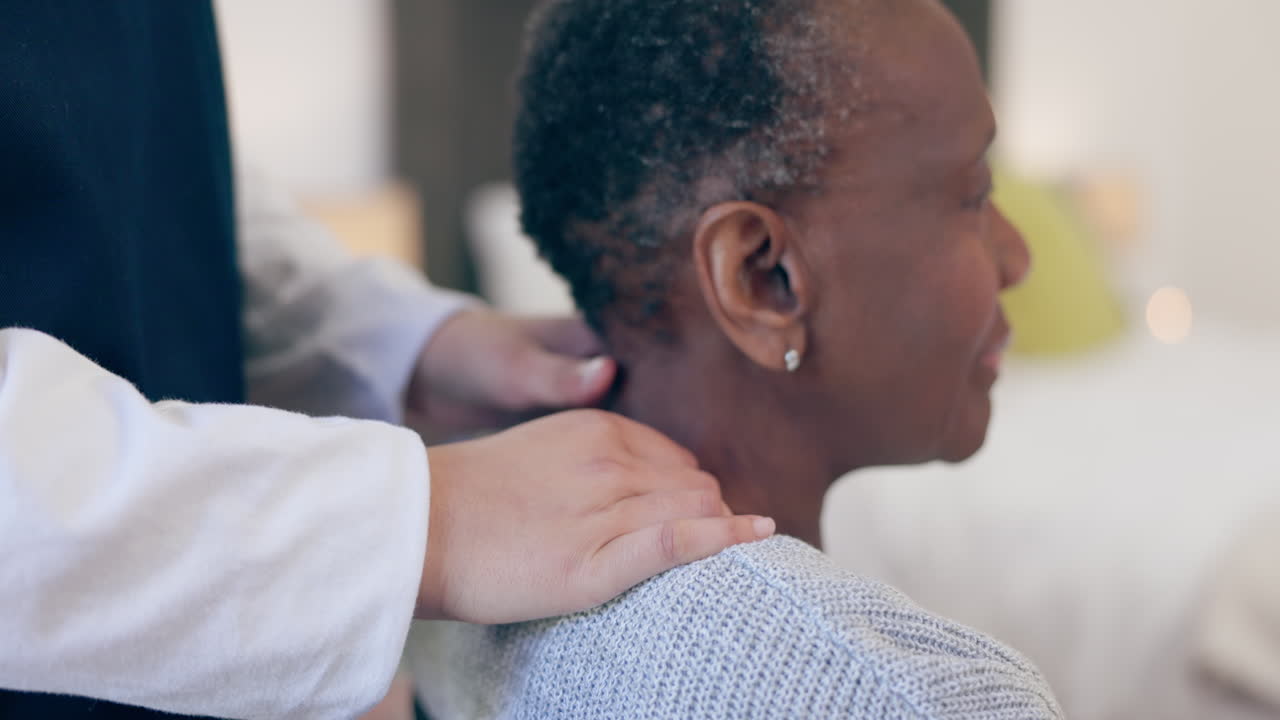 Senior woman, hands or neck massage for muscle