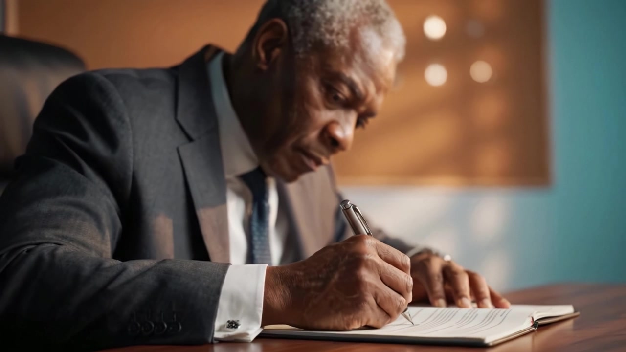 Un uomo d'affari concentrato che prende diligentemente appunti in un ambiente professionale, dimostrando dedizione e attenzione ai dettagli mentre è seduto alla sua scrivania.