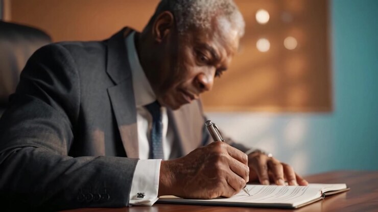 A focused businessman diligently writing notes in a professional setting, showcasing dedication and attention to detail while seated at his desk.
