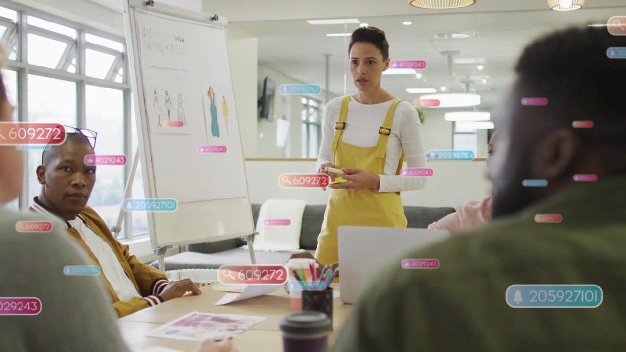 Standing presenter after gesture, leading fashion review, animated labels marking sketch for input