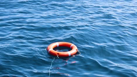 a lifebuoy drifts on serene ocean waves under bright daylight, creating a tranquil maritime scene