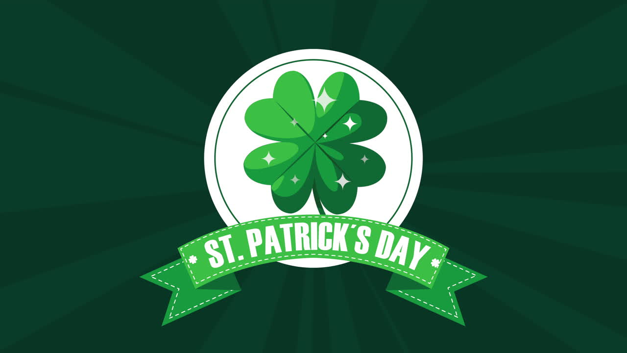 happy saint patricks day lettering in ribbon with clover leaf