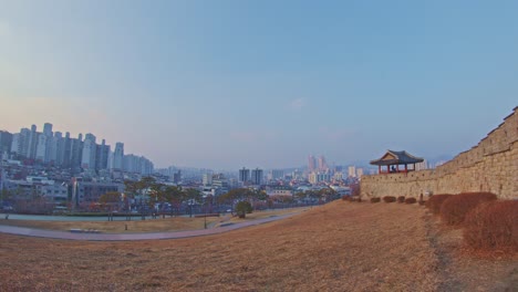 asian korean hwaseong fortress rock stone wall in suwon, traditional culture architecture object unesco heritage wide angle view