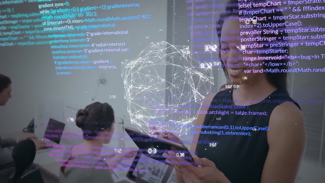 animación del globo con conexiones y procesamiento de datos sobre mujer de negocios biracial usando tableta