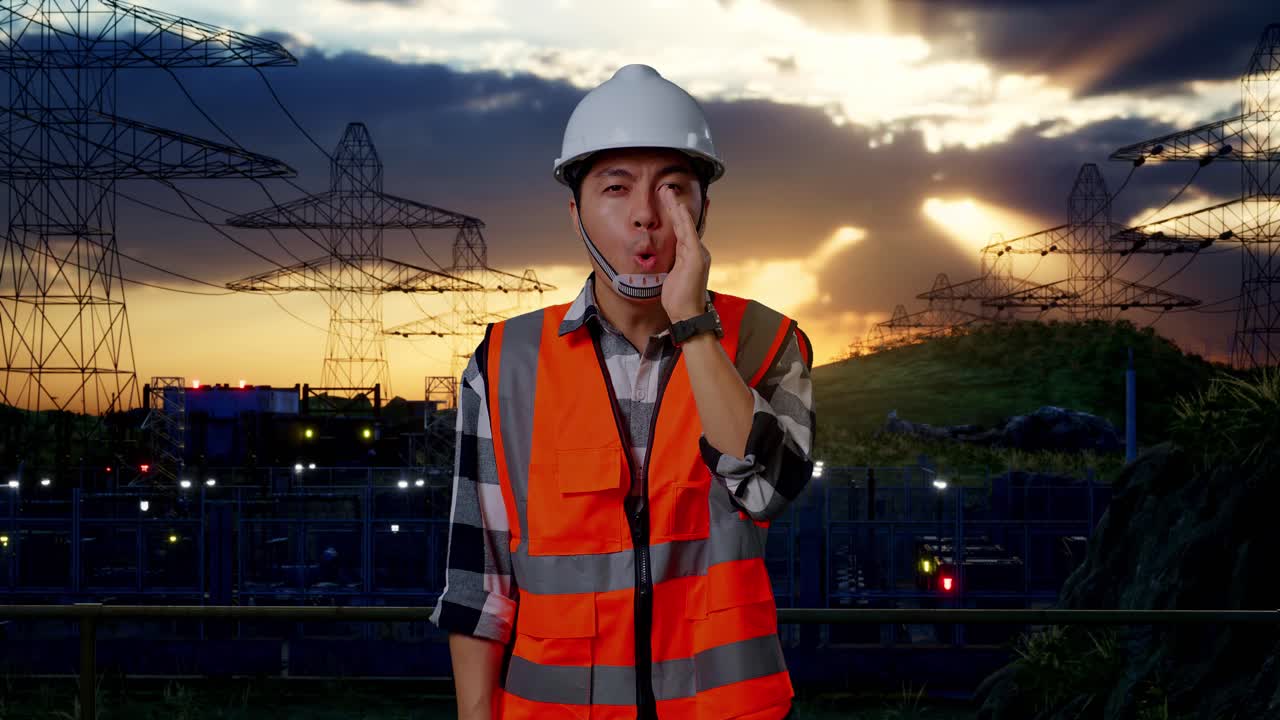 안전 헬을 입은 아시아 남성 엔지니어가 고전압 타워 근처에 서서 손으로 입을 고 소리치고 있습니다.