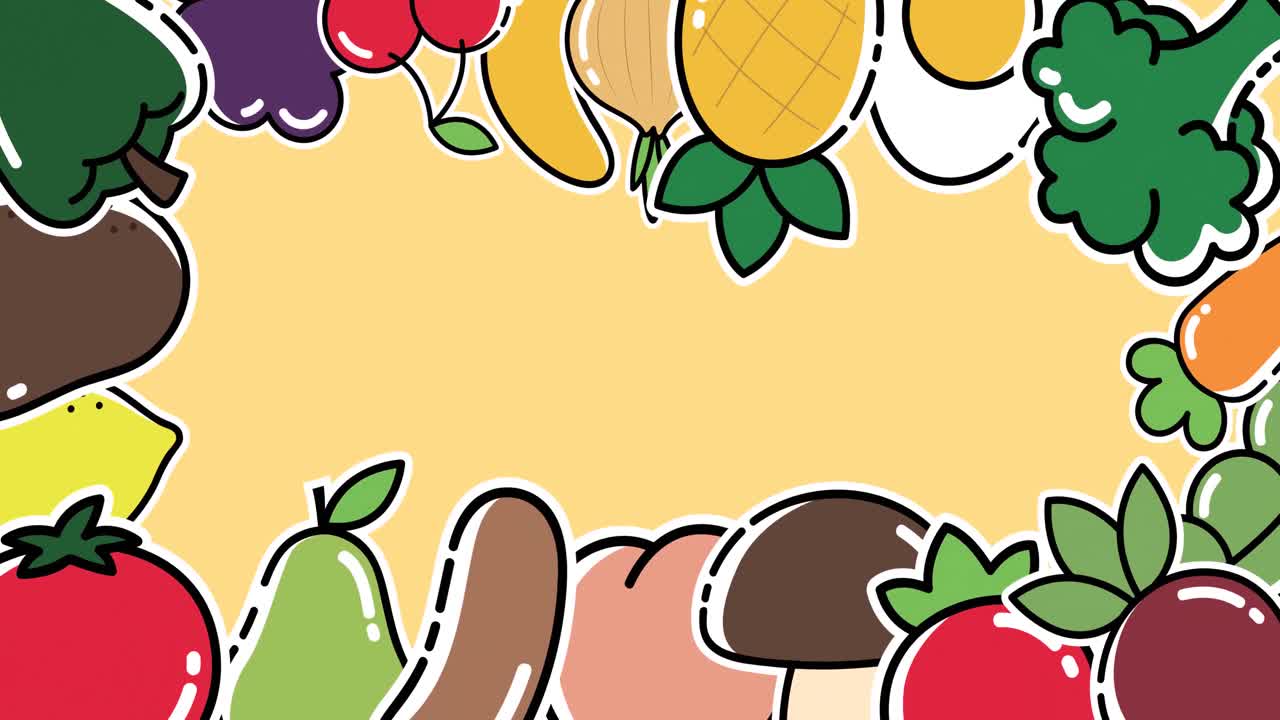 animación de un cuadro móvil de verduras sobre un fondo amarillo