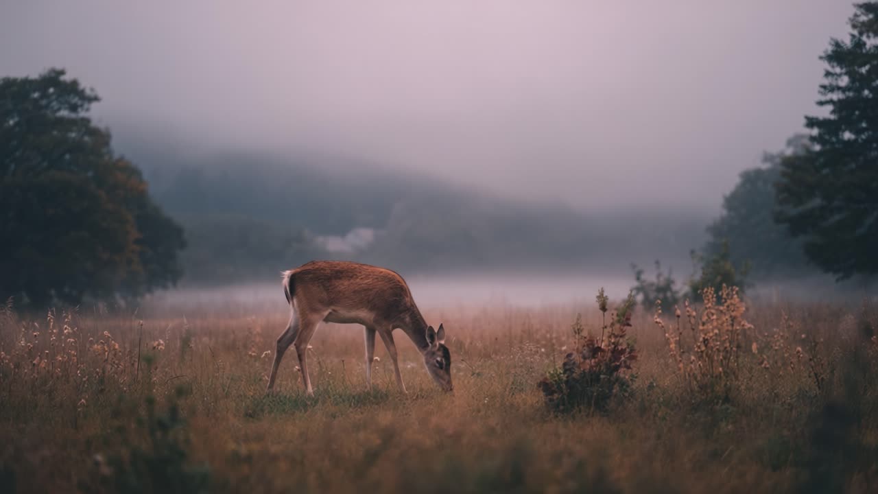 Serene Encounter: A Deer Grazing in a Misty Meadow Captivating View of Nature's Beauty in the Early Morning Fog