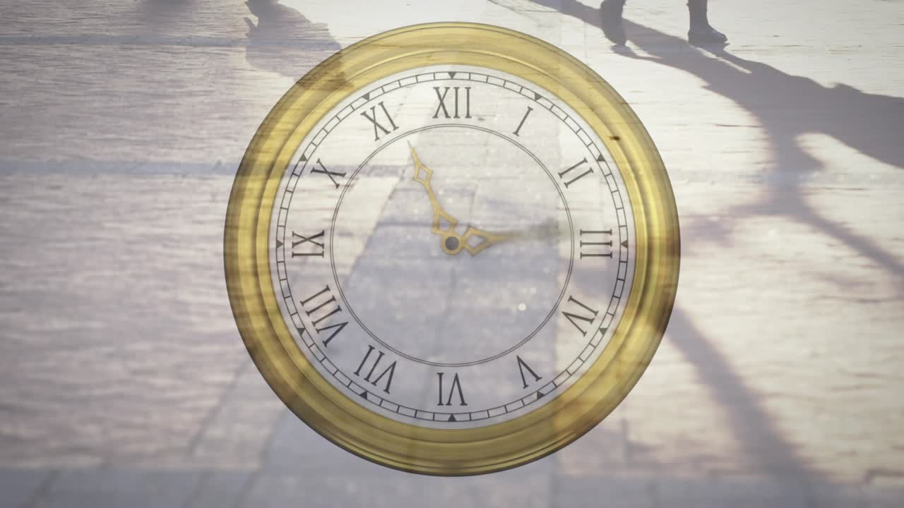 Opening shot showing golden clock overlaying plaza while pedestrians walking, marking time flow